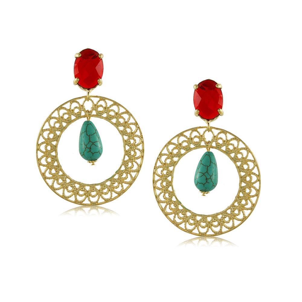 10634R 18K Gold Layered Earring Ruby/Turquoise